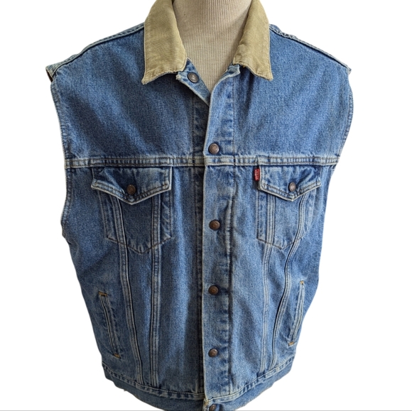 VINTAGE LEVIS Reversible Demin VEST W/ CORDUROY COLLAR WOOL PLAID.. Size XL - Picture 1 of 11